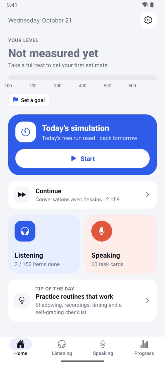 Écran d’accueil de l’application : niveau estimé, simulation du jour, écoute et expression orale