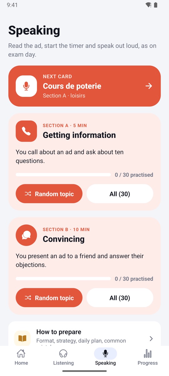 Écran Expression orale : section A, obtenir des informations, et section B, convaincre